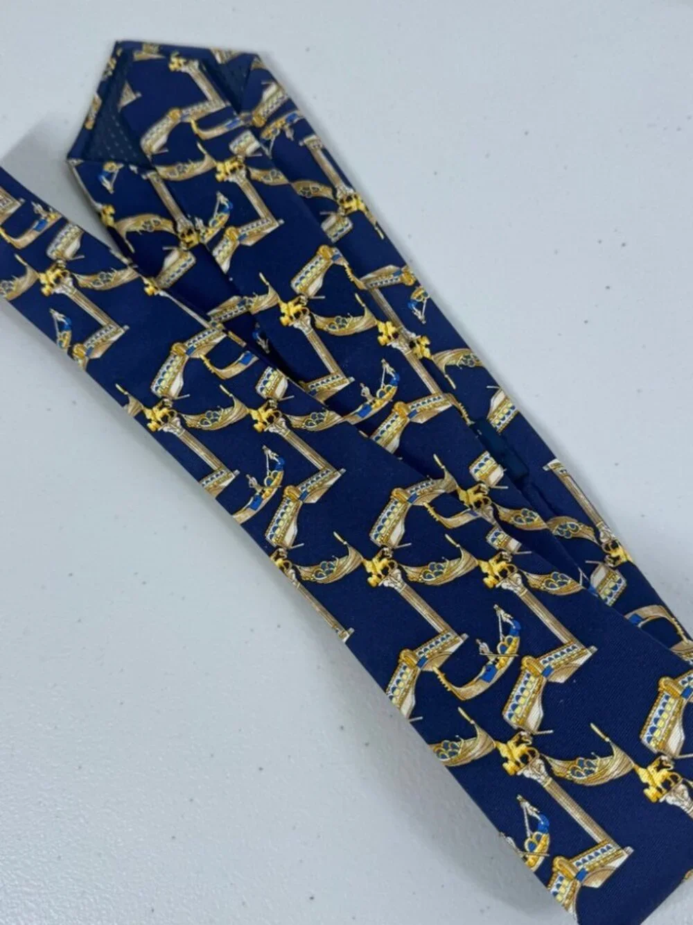 Trevisan Venezia Silk Elegant Navy and Gold Mens Tie Gondola Print Made in Italy